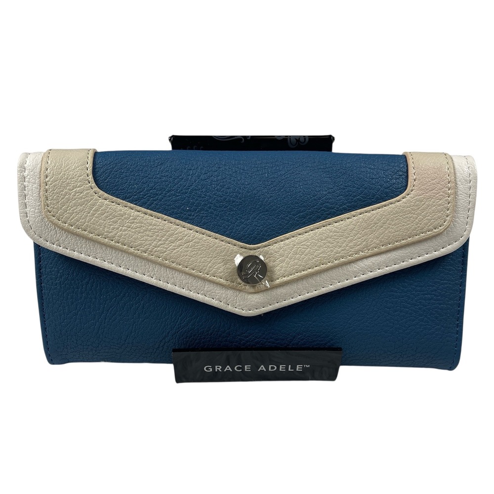 Grace‎ Adele Blue Color Block Pebbled Faux Leather Clutch Wallet Snap Closure